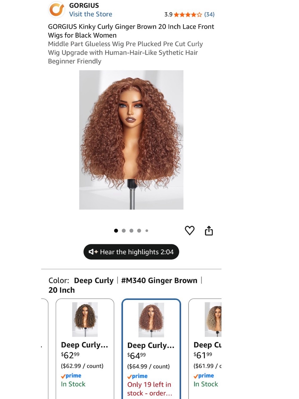20” Kinky Curly Ginger Brown Lace Front Wig - New in Box - Picture 8 of 8